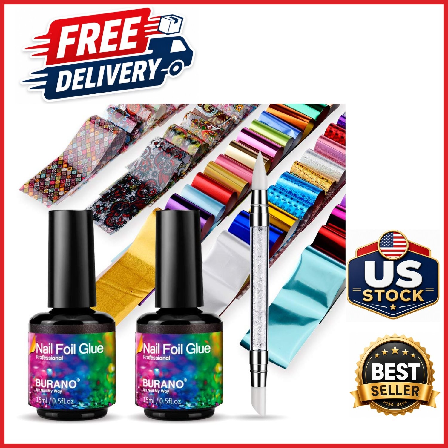 Nail Art Foil Glue Gel 5ML 2 Bottles with 60PCS Stickers for Salon Use