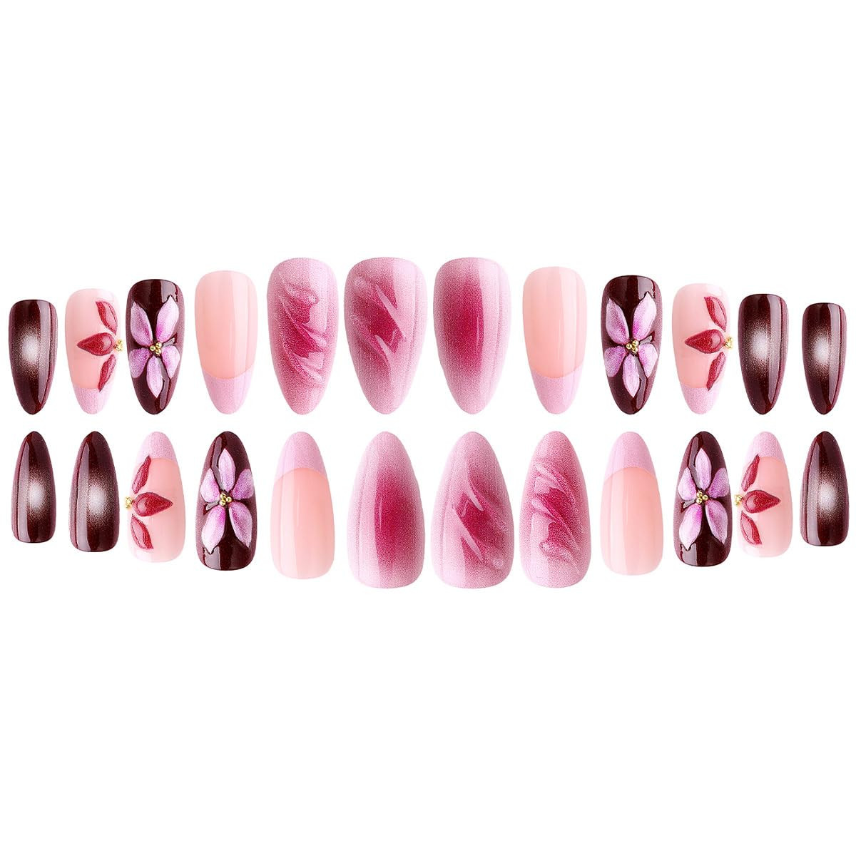 Medium Almond Press on Nails Pink Fake Flowers False Embossed Artificial Stick o