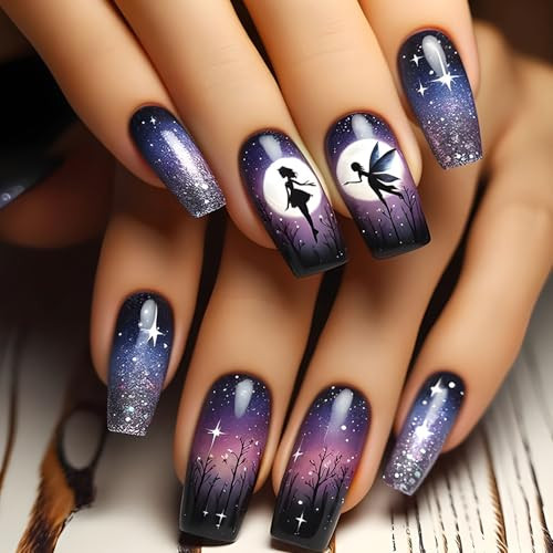 24Pcs Cute Elf Stick on Nails Long Length Flash Stars Sky Design Press on