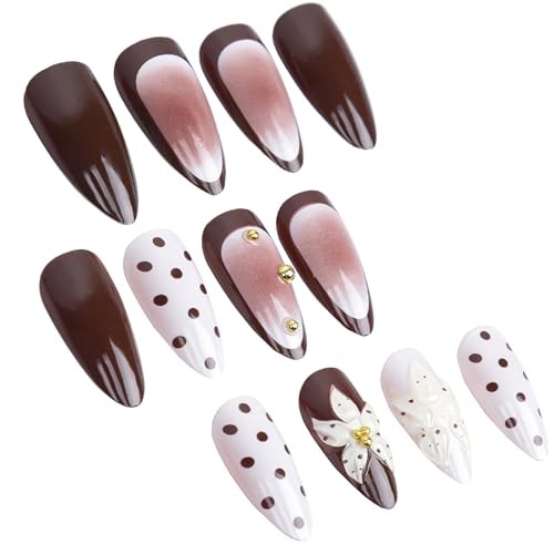 Luxury Brown Cream Press On Nails Medium Almond, Polka Dot and Gold Beads Fake