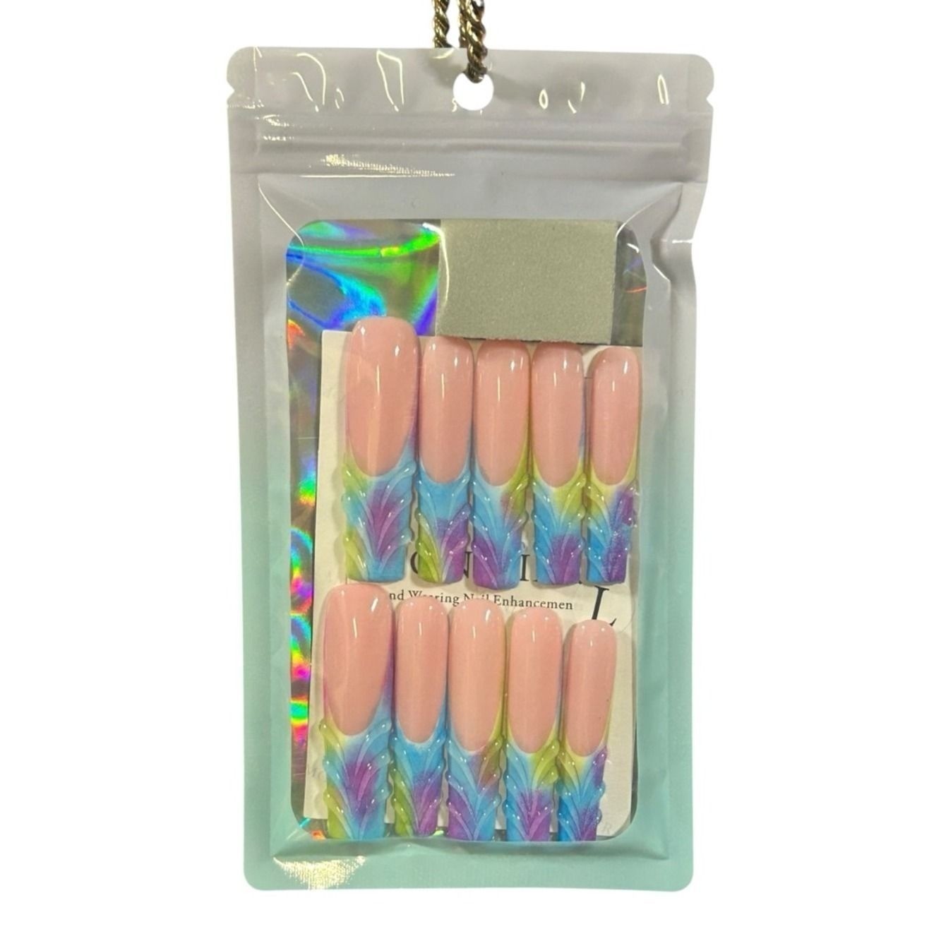 Rainbow Mermaid Press On Colorful Ombre 3D Wave Tips Long Coffin Summer Beach