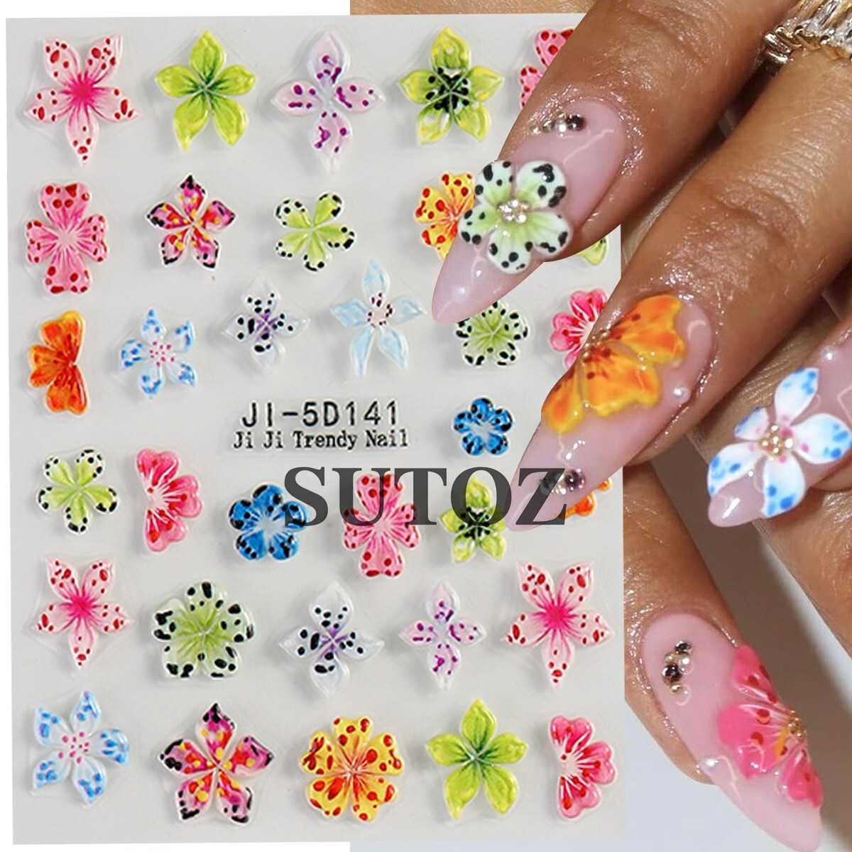 3D Hawaiian Flower Embossed Lily Hibiscus Floral Nail Art Stickers Decor NH29