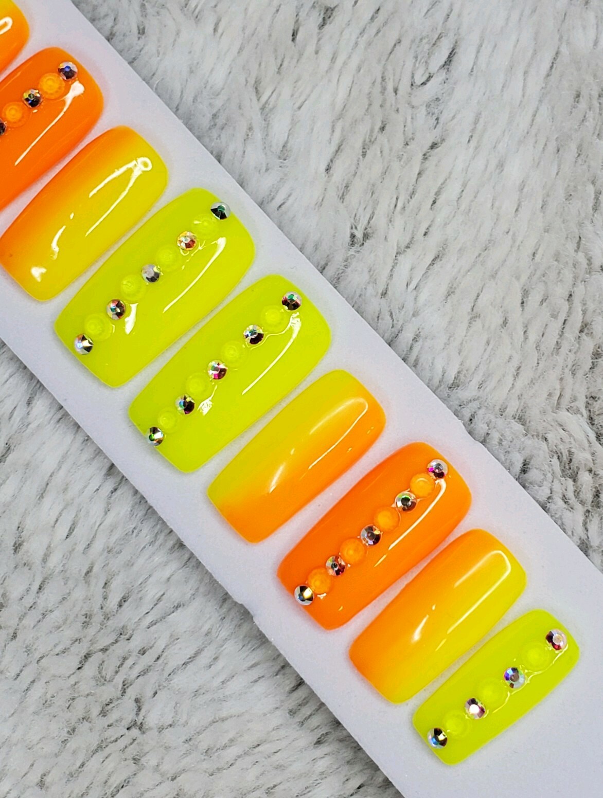 Neon Rainbow ombre bling w/crystals Gel Press On nails square orange yellow
