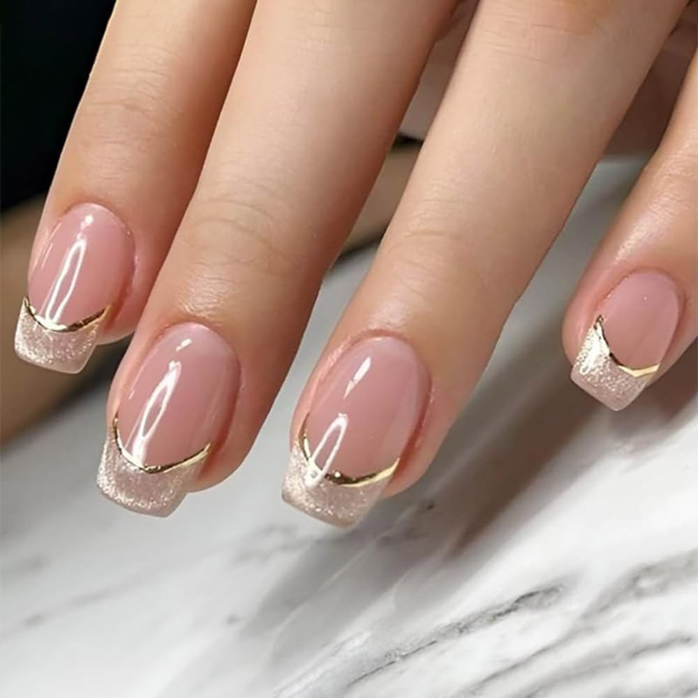 French Tip Medium Squoval (24 Count) Nude Pink + Gold Line & Cat Eye Tips