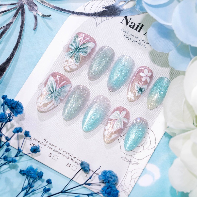 60pcs-Press on Nails Light Blue Ombre 3D Butterfly Flower Almond Nail Art Set