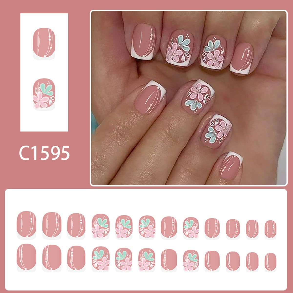 24Pcs Short Square Press on Nails Flower Fake Nails with Glitter Designs, White