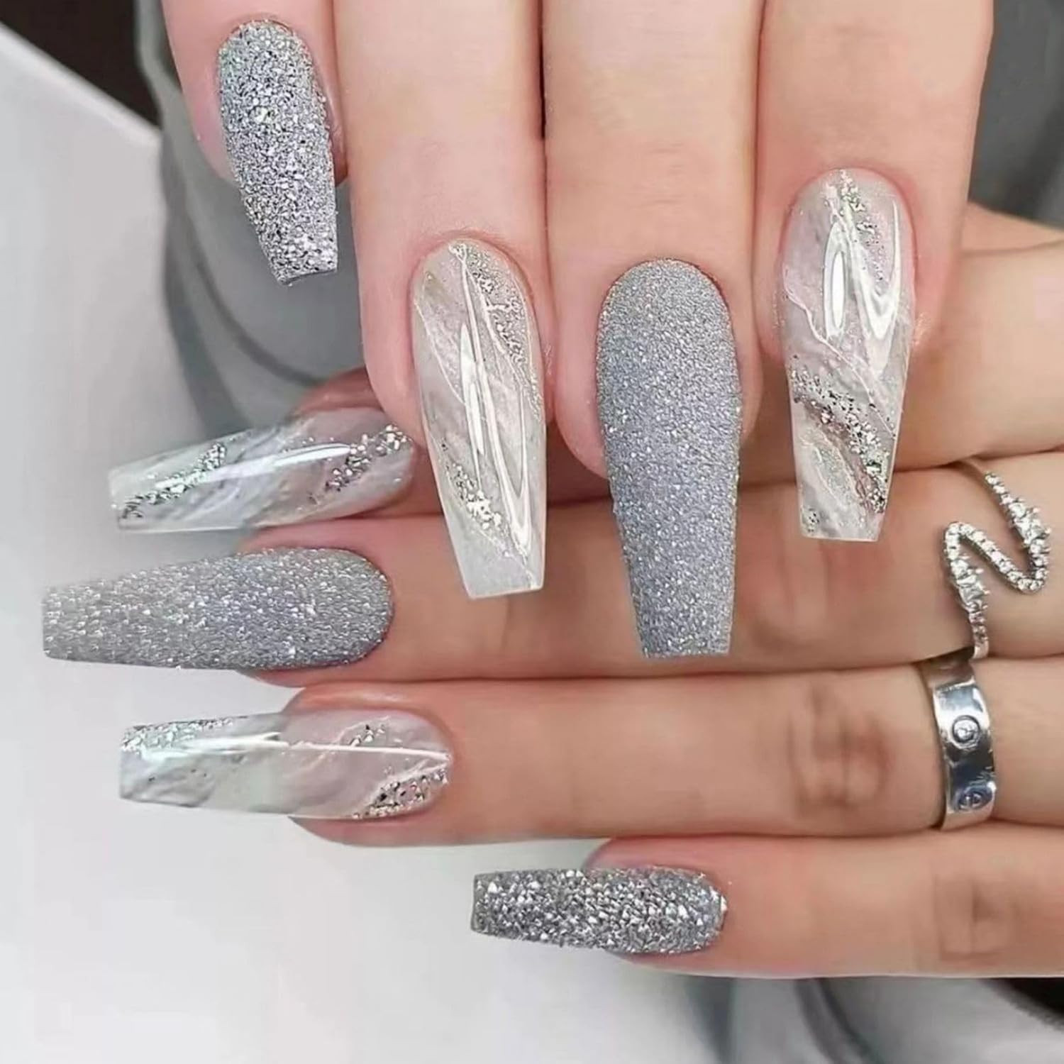 Glitter Coffin Press-On Nails Silvery Marble Gradient Full Cover Artificial Nail