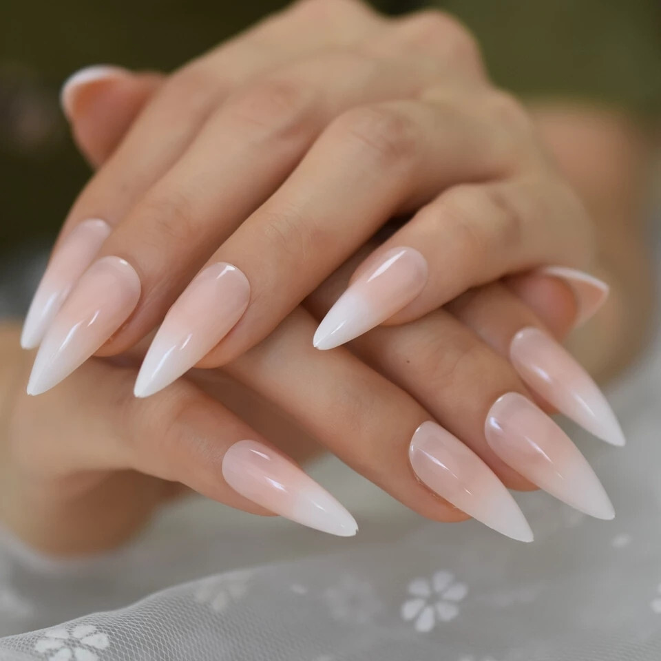 24 Press on nails kit w glue ombre white nude pointed stiletto vampire french