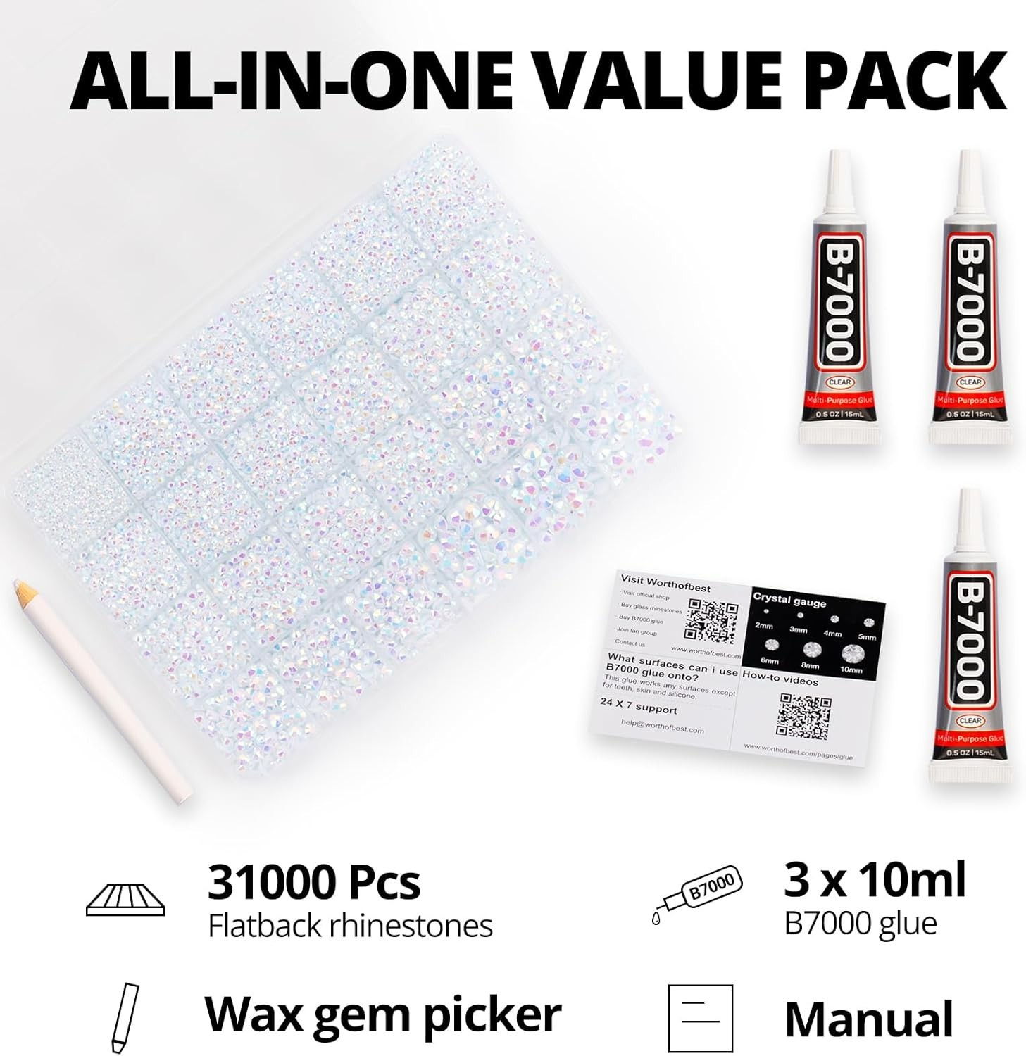 31000Pcs White AB Resin Rhinestones for Bedazzling, Assorted Sizes 2-6mm Whit…