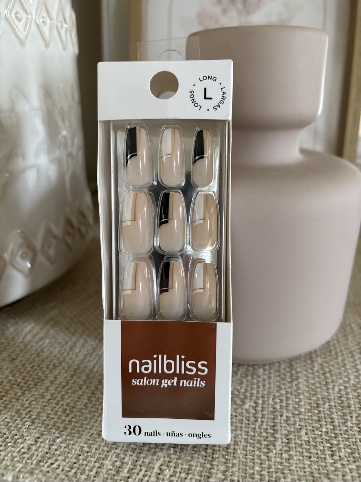 Nailbliss Salon Gel Nails Long Glue On Fake Nails Golden Age Nude Black White