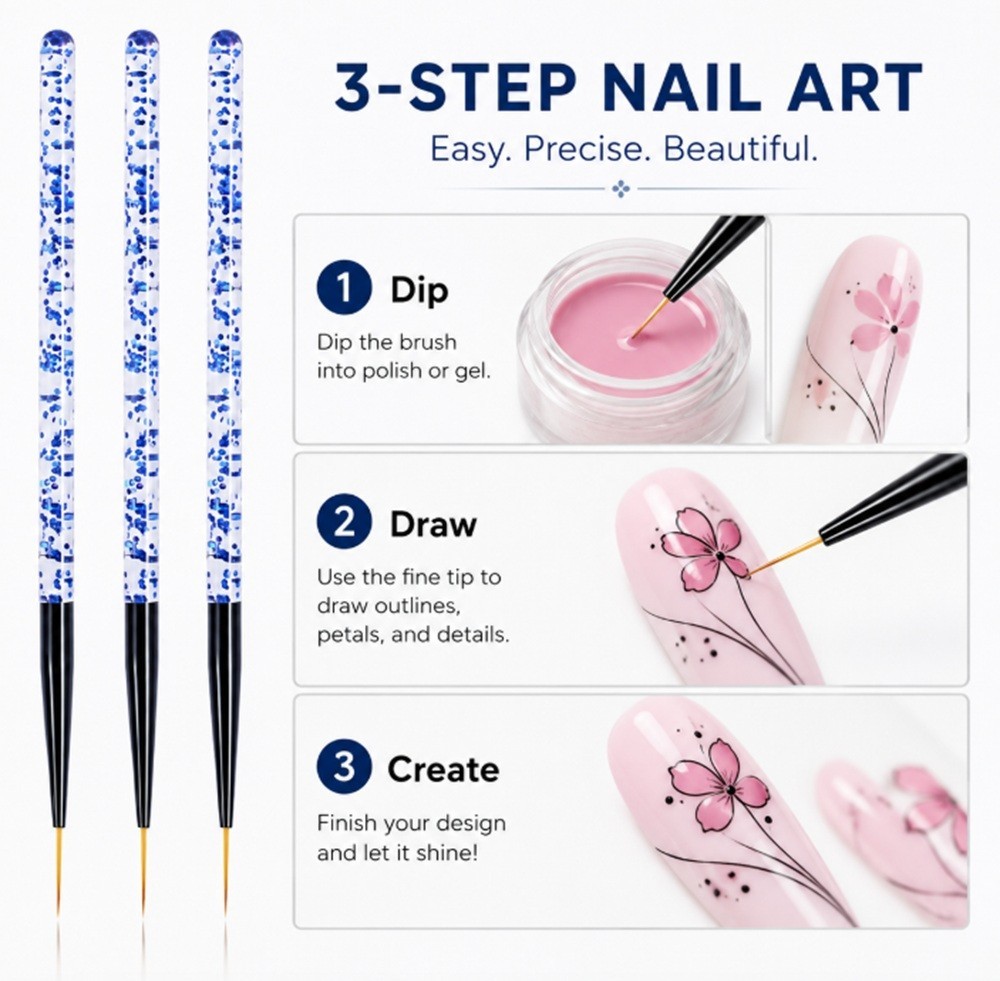 3-Piece Nail Art Tool Set Nail Art Pen UV Gel Dotting Tool Fine Liner Brush Kit