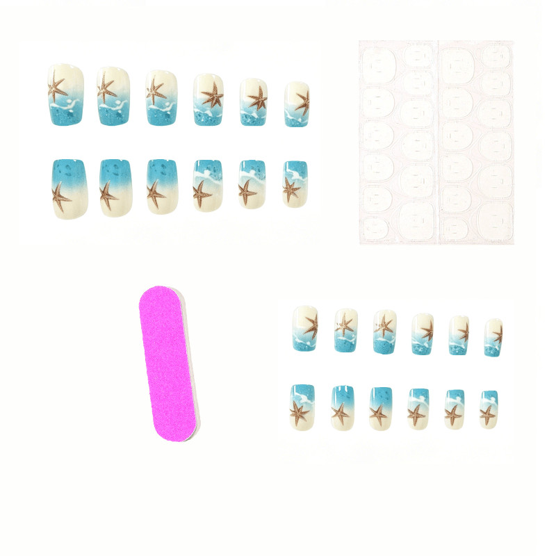 48pcs Short Square Press on Nails, Blue Wave 3D Starfish Beach Summer Nails