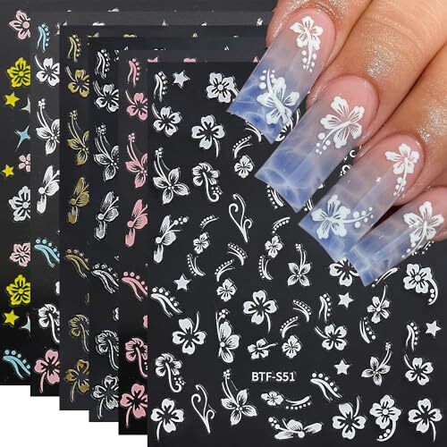 Flower Nail Stickers, Hibiscus Nail Decals 3D Self-Adhesive White Pink Gold