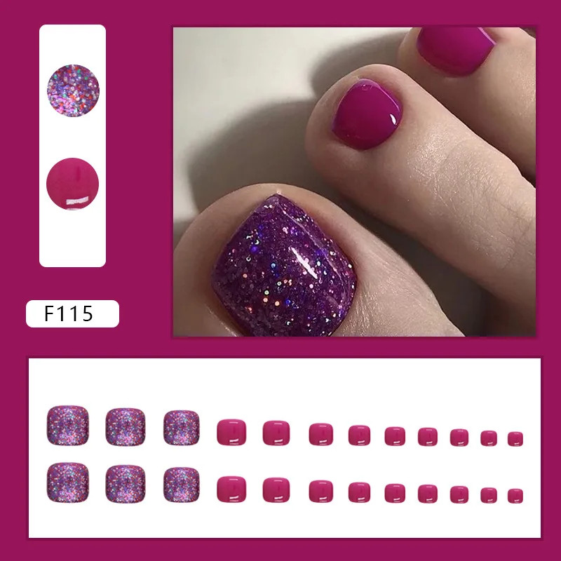 24pcs Glitter Fake Toenails Reusable Full Cover Acrylic Foot Nail Tips