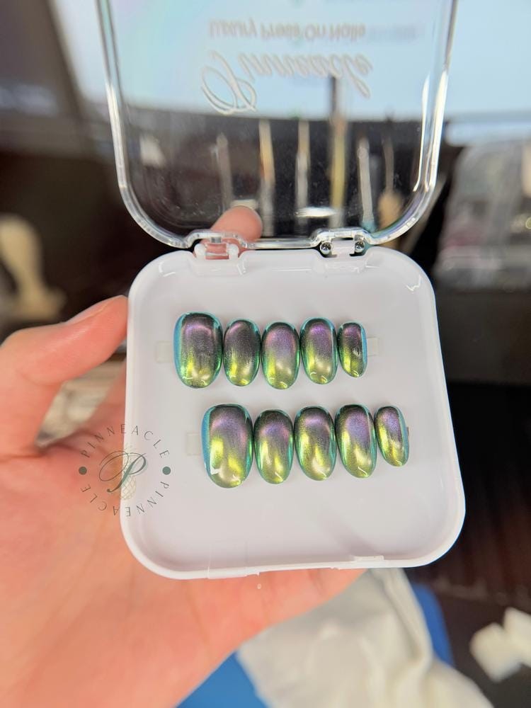 Custom Handmade Green Purple Chameleon Chrome Oval Press on Nails Set
