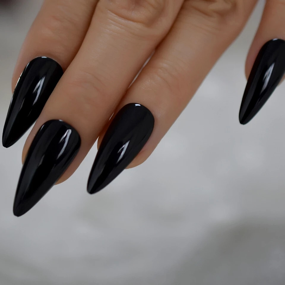 24 Press on nails kit w glue Black stiletto Long edgy goth