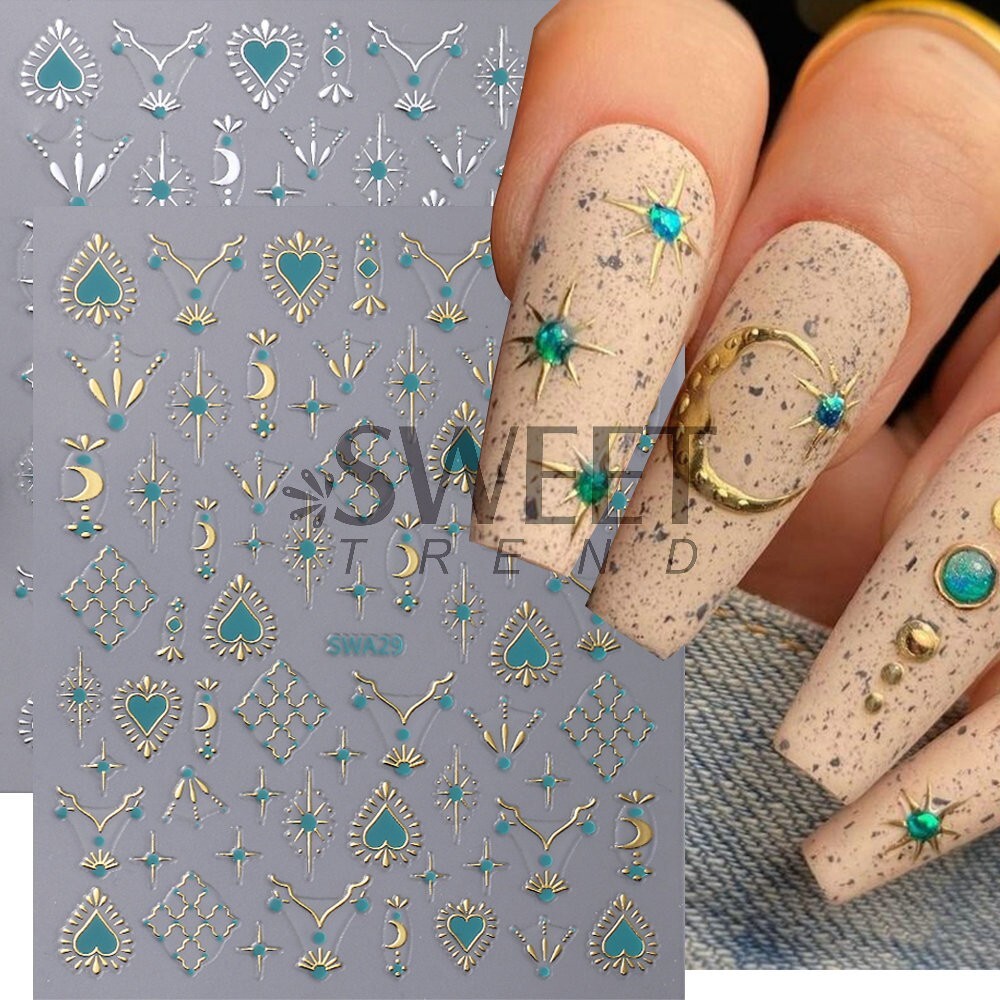 2Pcs Star Moon Sun Heart Bohemian Metallic Gold Silver Nail Stickers DIY NH28