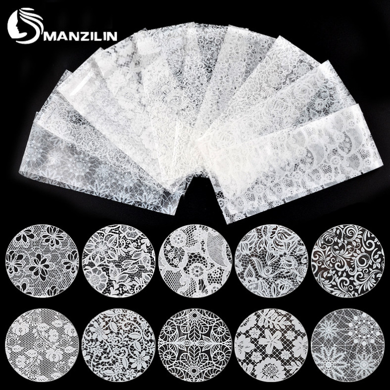 10Pcs Black White Flower Lace Foils Nail Art Transfer Stickers Decals Tips NH8