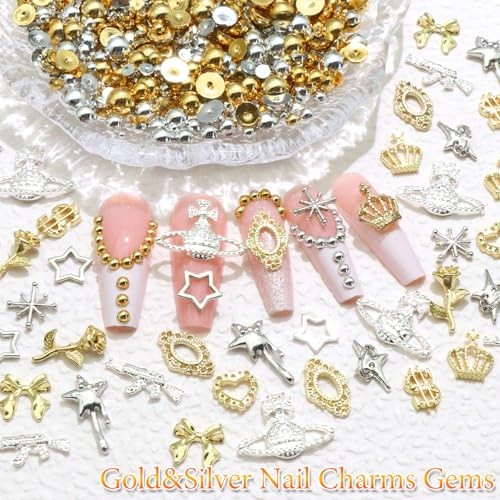 3D Nail Art Charm 12 Styles Metal Star Bows Heart Charms for Nails Gold&Silver