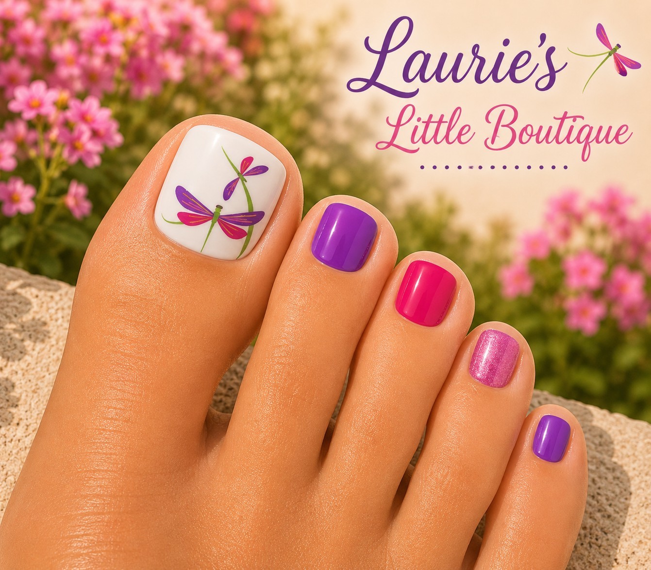 Waterslide TOE Nail Decals Set of 10 Pink Purple Green Dragonfly