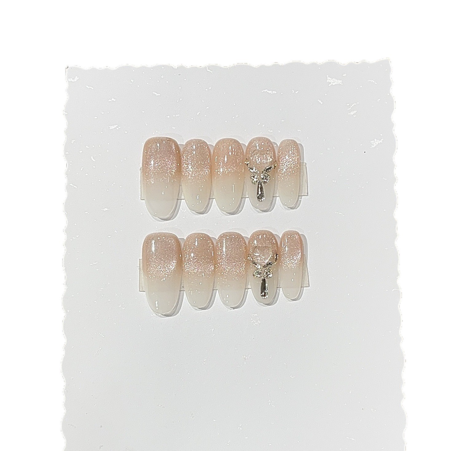 10Pcs Handmade Nude Pink Cat Eye Nails Shiny Rhinestone Pure Aesthetic