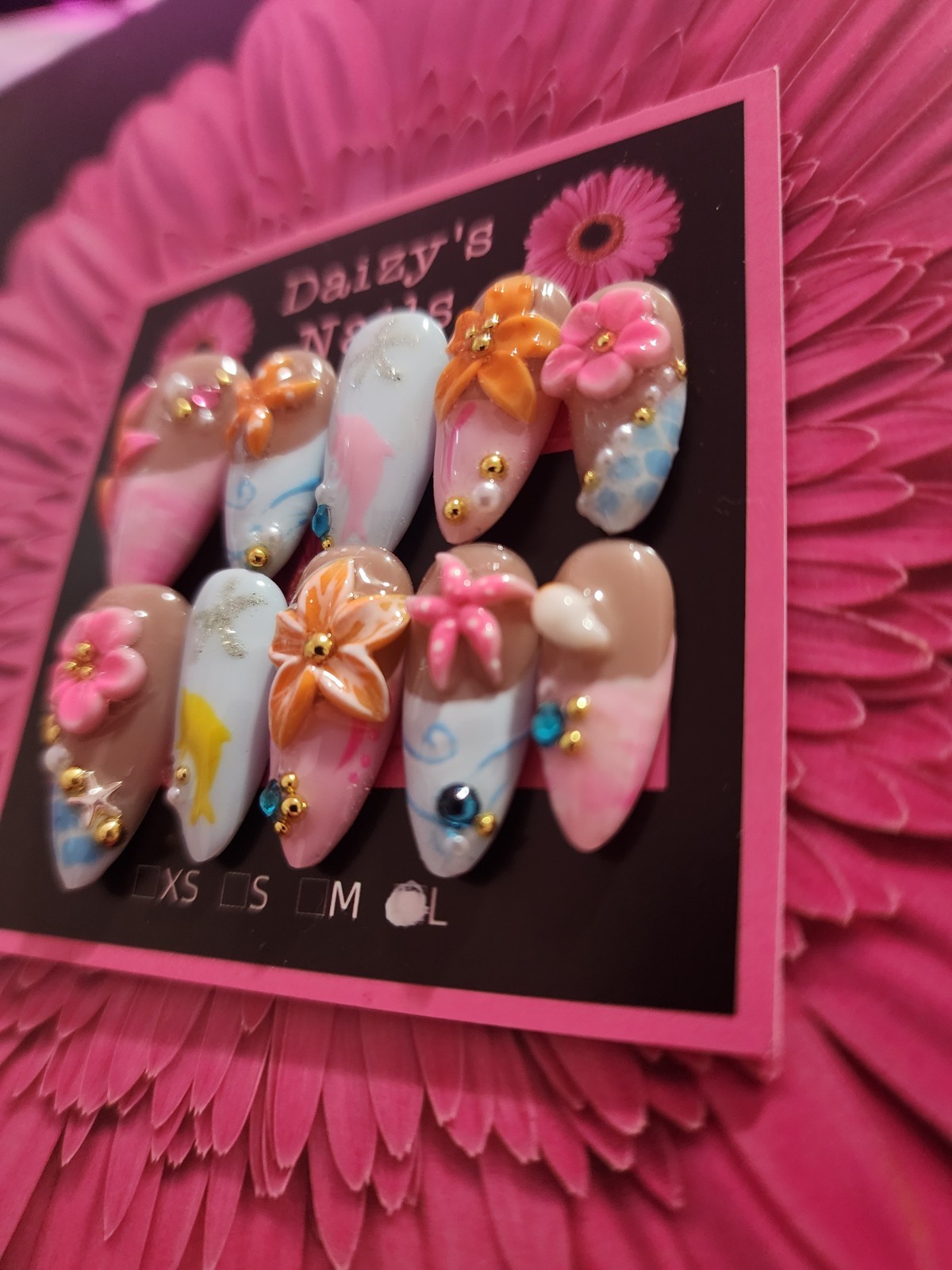 Large Size Tropical Beach 3D Press-on Nail Set Handmade Almond 2.5 Cm Length