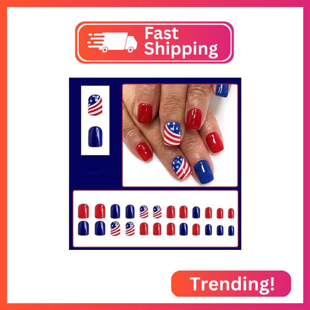 Independence Day Press on Nails Short Square Fake Nails American Flag Glossy Fal