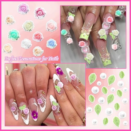 300Pcs Flower Nail Charms 3D Mixed Size Rose Flower Nail Accessories Pearl