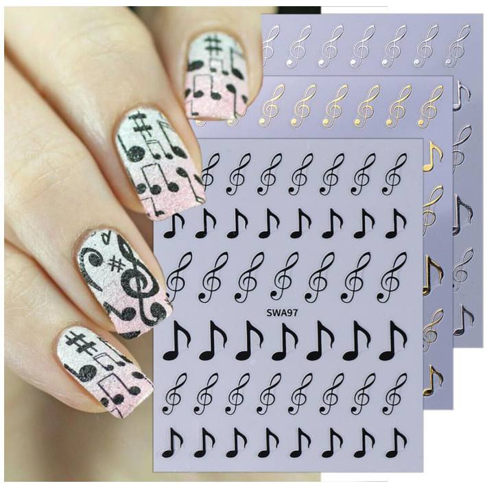 3 Sheets Musical Note Nail Art Stickers Gold Silver Black Piano Notes SWA97 NH28