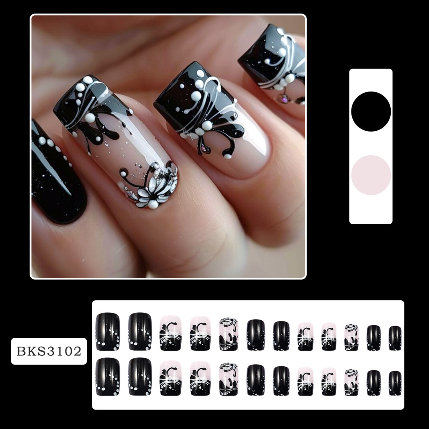 Short Square Press-On False Nail Glossy Black Flowers French Manicure 24pcs