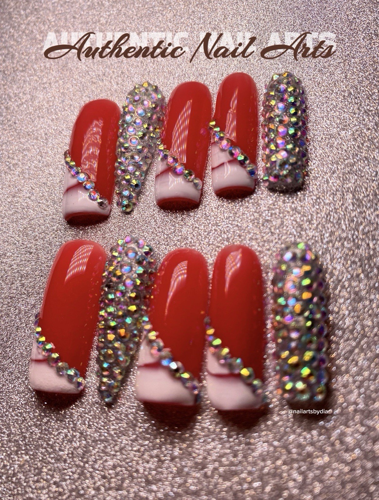 Long Coffin Press-On Nails 3D Glitter Red Pink Multicolor