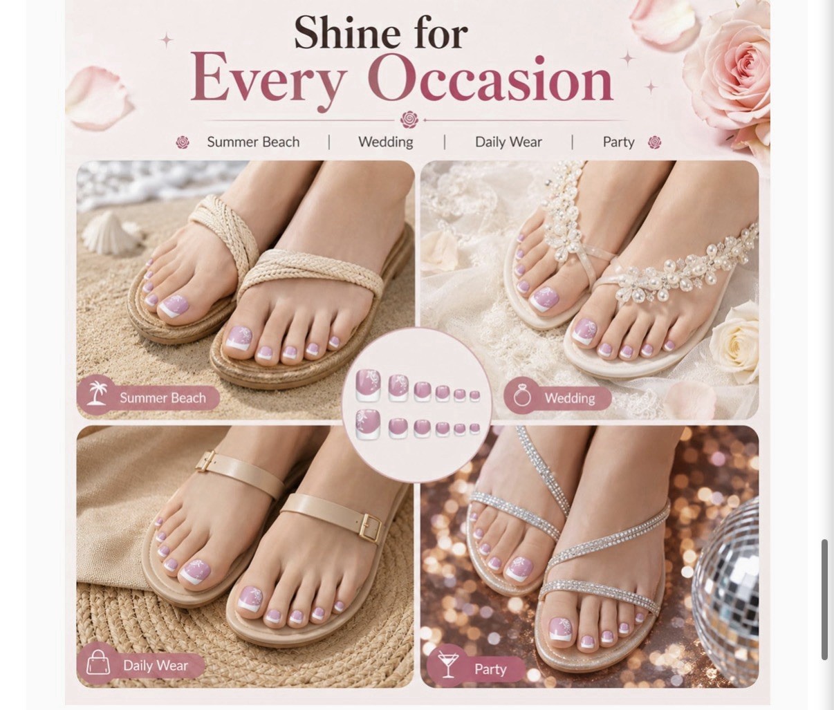 YWCYSP 24pcs Acrylic Press-On Toenails French Rose Pink/White Short Square DSLY