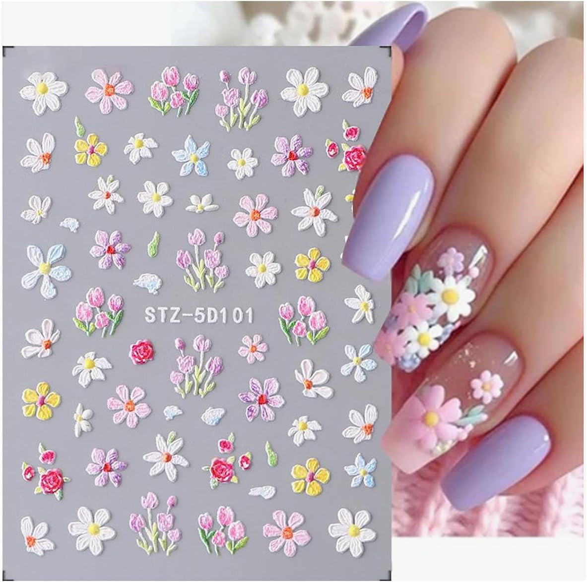 3D Embossed Flower Nail Art Stickers Decals Self-Adhesive 5D Spring Summer Flora
