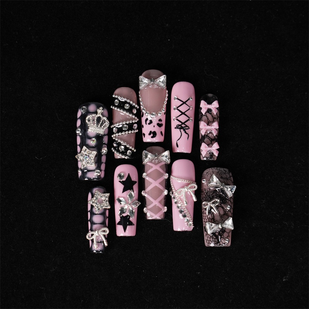 Handmade Pink Black Lace Press on Nails Bow Crown Rhinestone Edgy Fake Nails