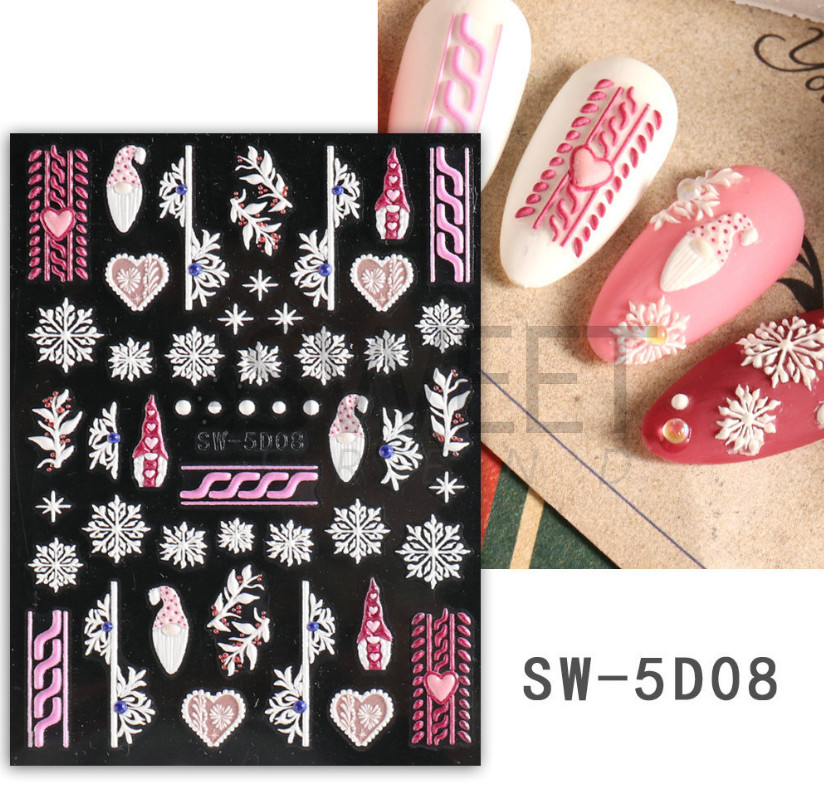 5D Embossed Pink Blue White Christmas Santa Heart Snowflake Nail Stickers Decals