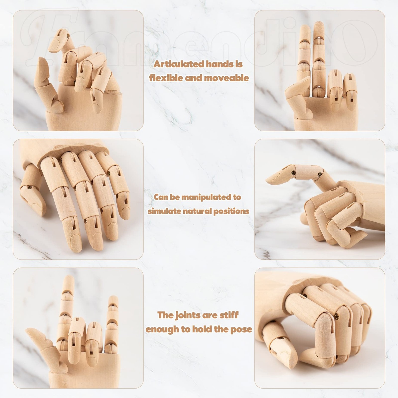Framendino, 2 Pack 7″ Flexible Wood Hand Model Wooden Mannequin Right Left Dr…