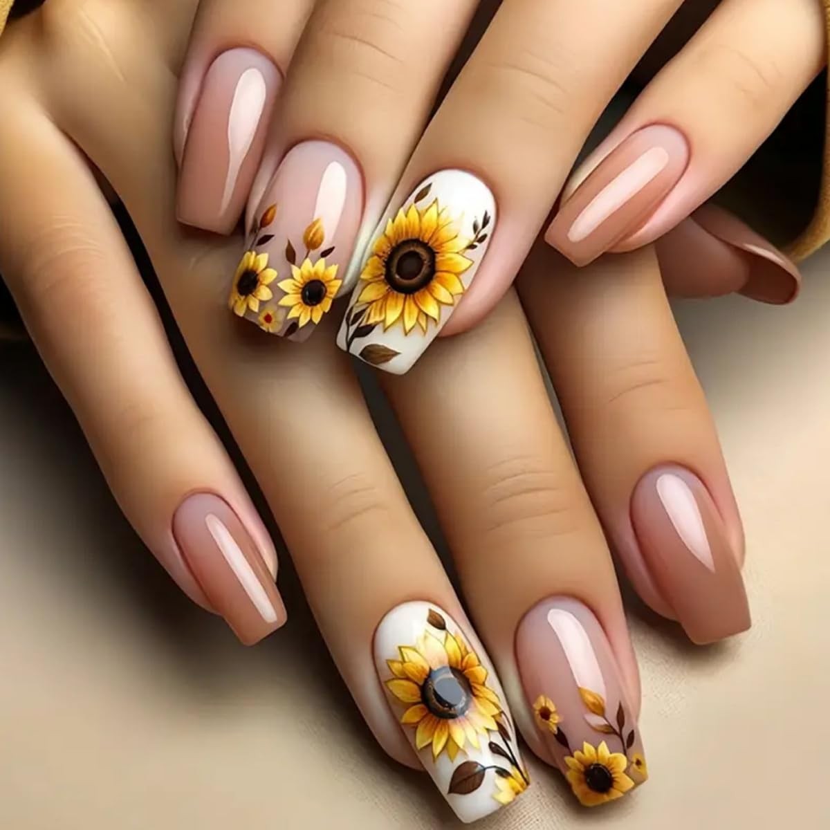 Flower Press on Nails Medium Coffin Nails Press ons with Cute Sunflower Desig…
