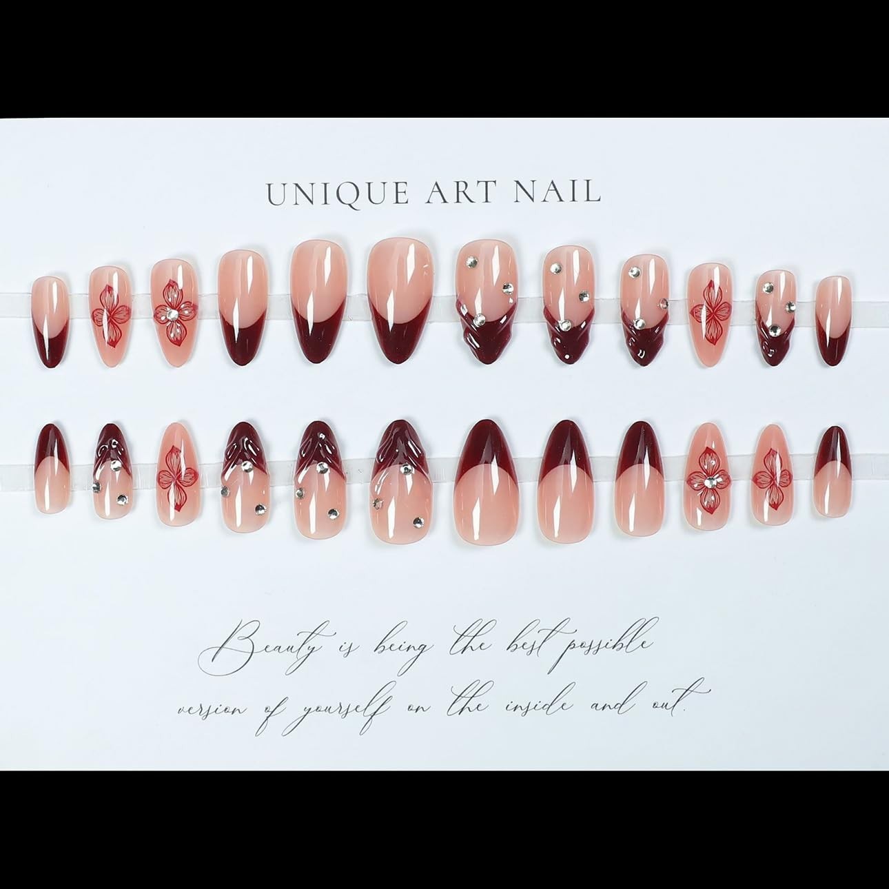 Red French Tip Press on Nails Almond – Medium Flower Fake Nails with 3D Cryst…