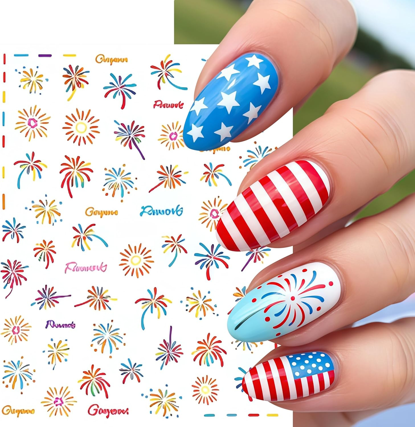 8 Sheets 4Th of July Colorful Fireworks Nail Stickers 3D Self-Adhesive Nail Deca
