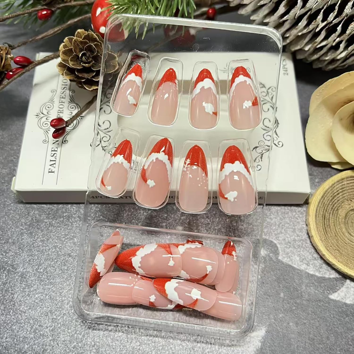 Christmas Press on Nails Medium Almond Fake Nails with Santa Hat Snowflake De…
