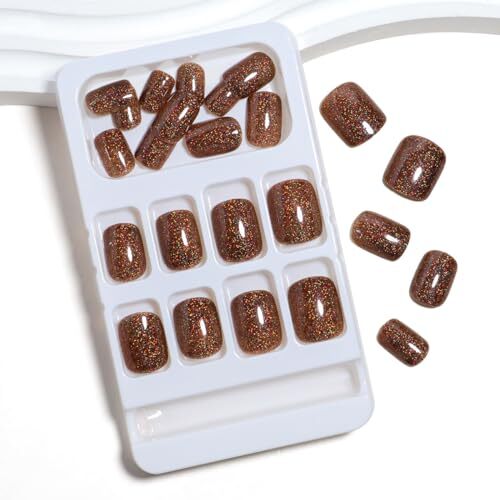Brown Glitter Press on Nails Short Square Fake Nails Glitter Press ons Style7
