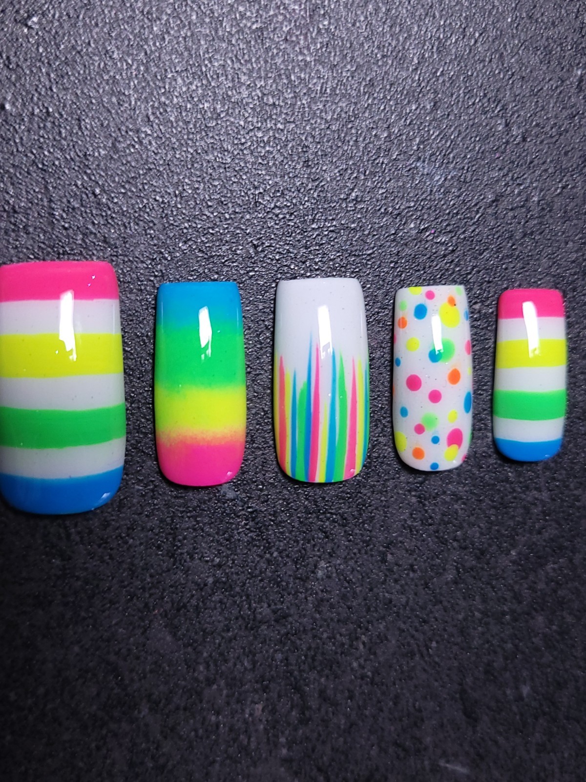 Custom Gel Press on Nails Handmade 10 pc set LARGE Neon Rainbow Dot Stripe Ombre
