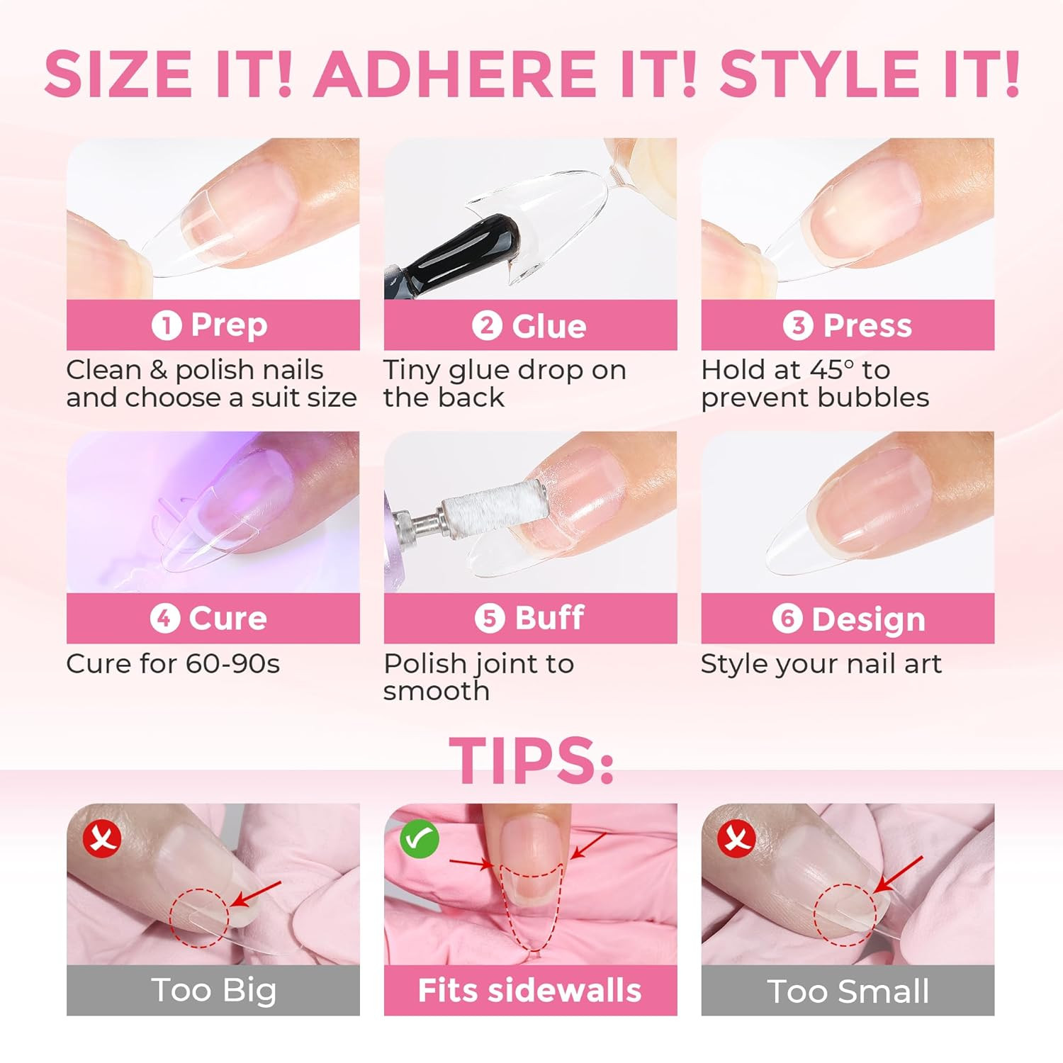 Almond Nail Tips, 504PCS Pre Etched Half Cover Fake Nails Tips, 12 Sizes Medium