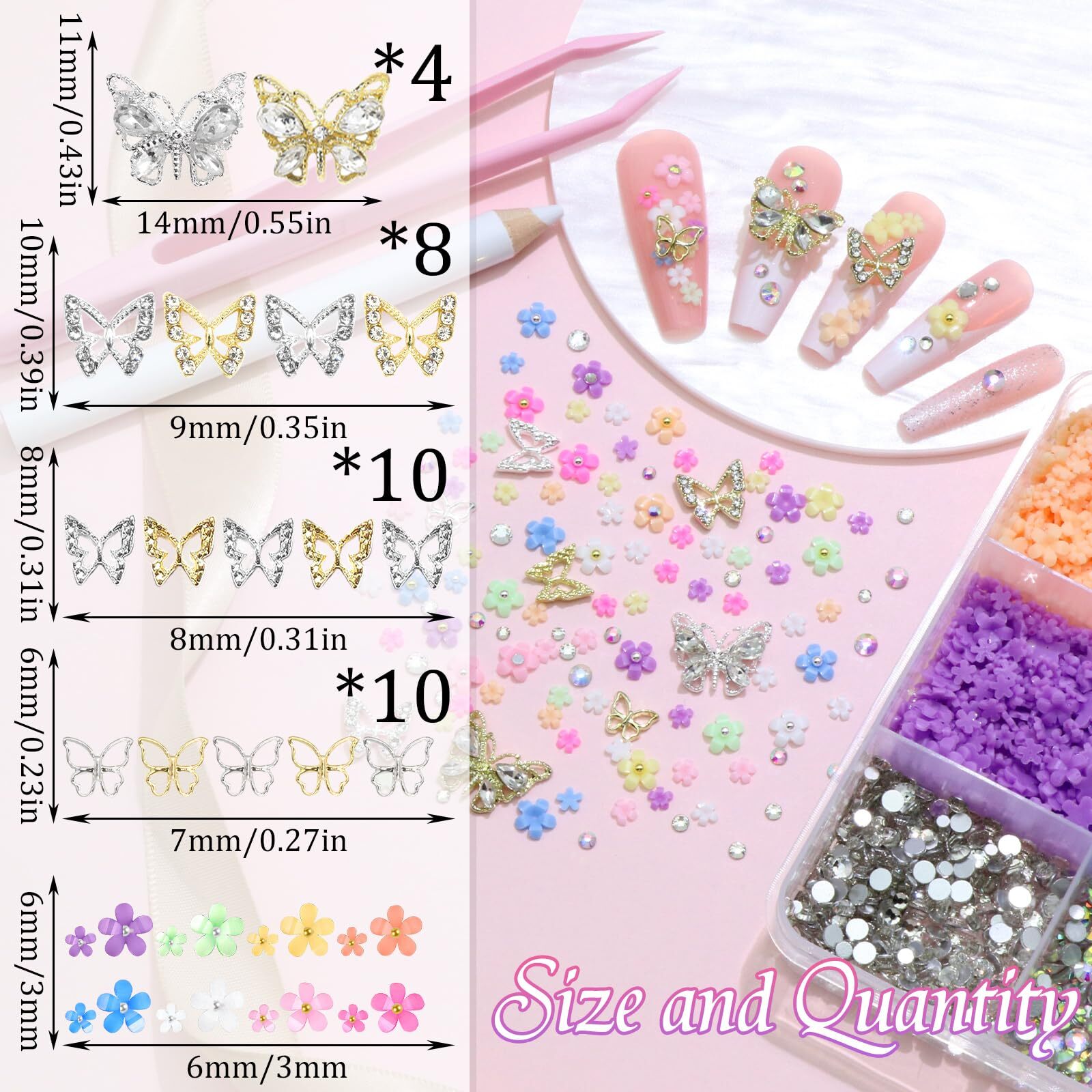 Flower Nail Charms Colorful 3D Flowers for Nails Metal Butterfly Nail Art Charms