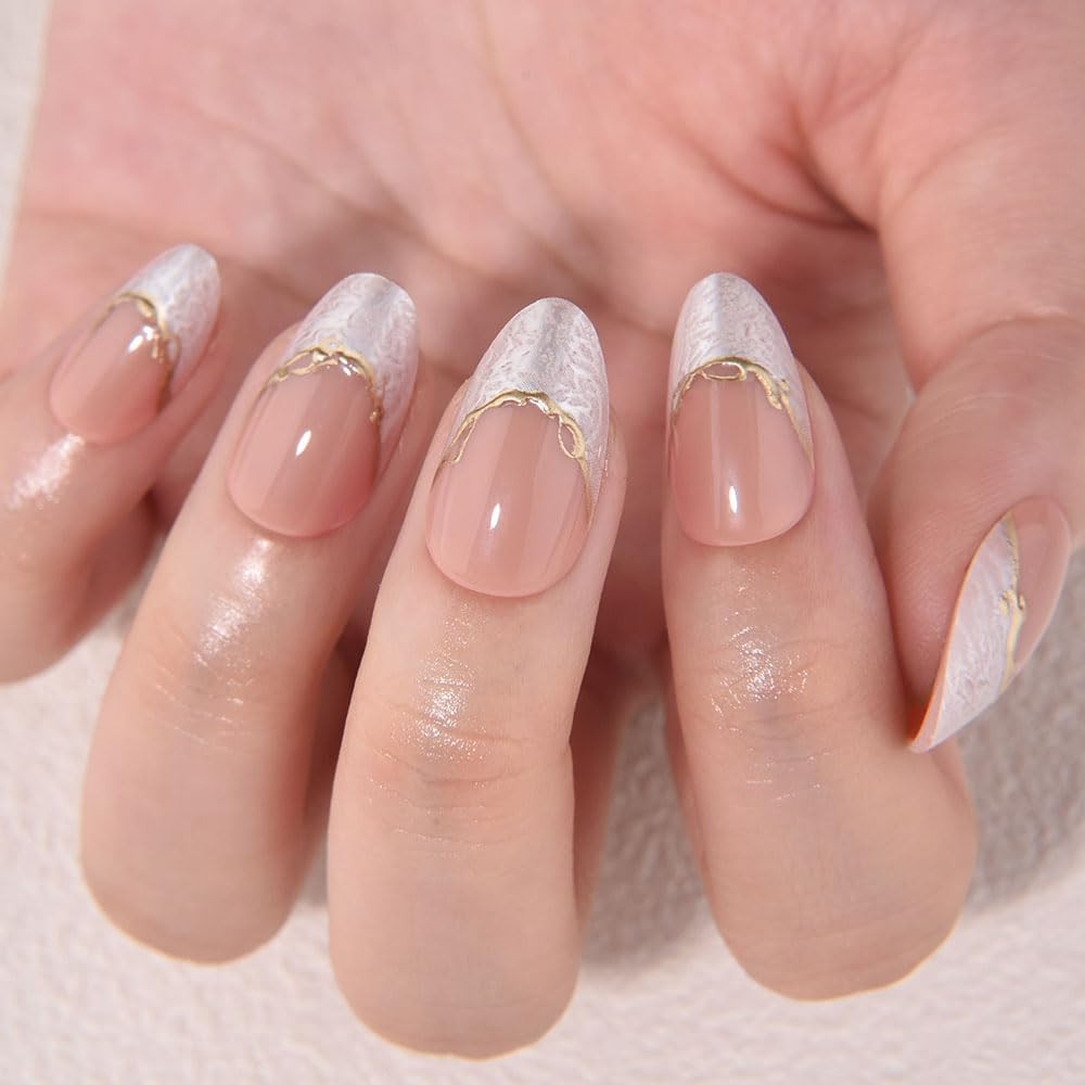 French Tip Press on Nails Short Almond No Glue, Nude Gold Line & Pearl White Tip