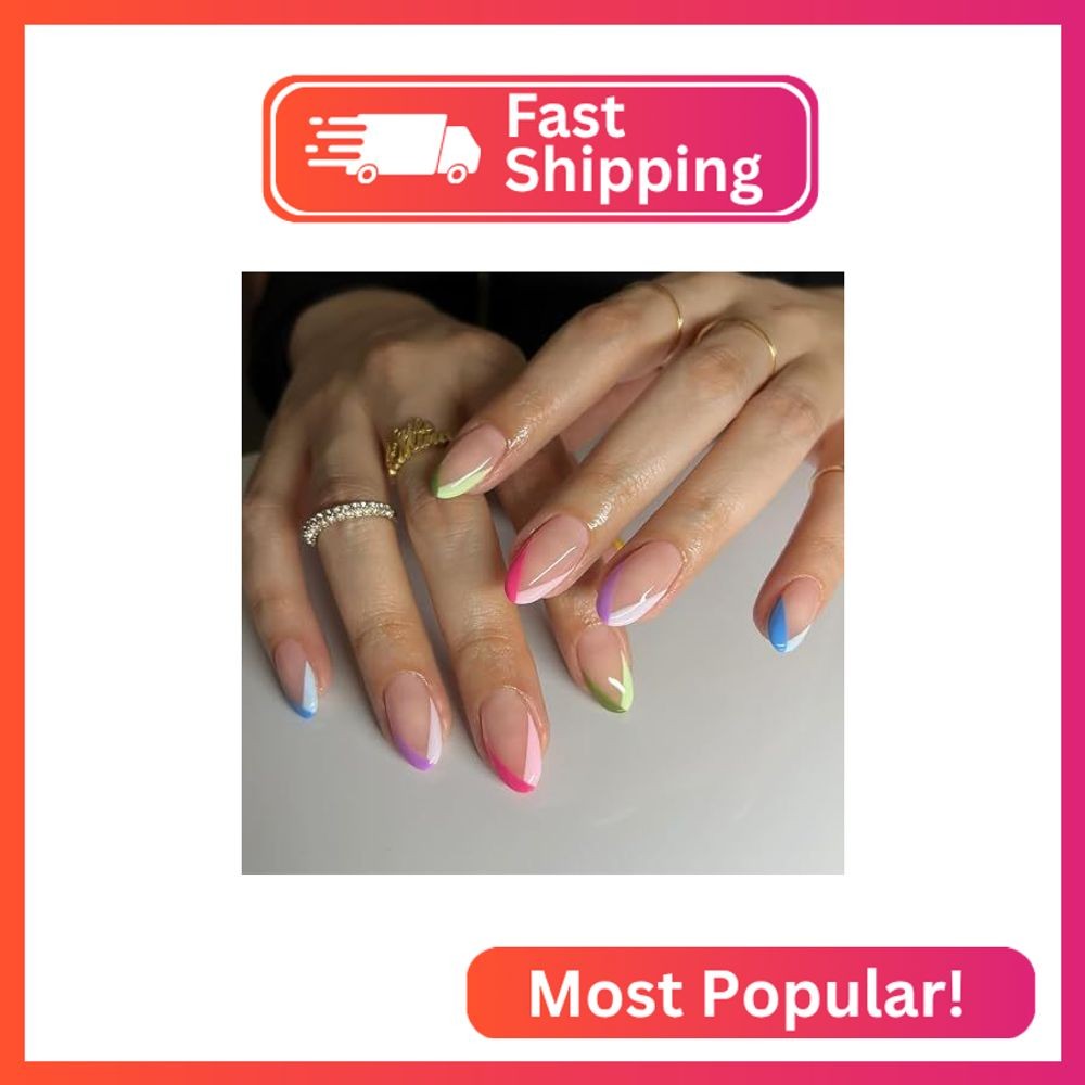 Press on Nails Almond Medium Length Glossy Full Cover Acrylic Colorful French Fa