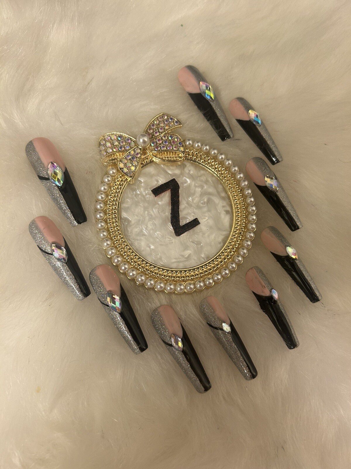 Z NAILZ! Gorgeous Set Of Handmade Black/Pink/Silver 2XL Square Press On Nails
