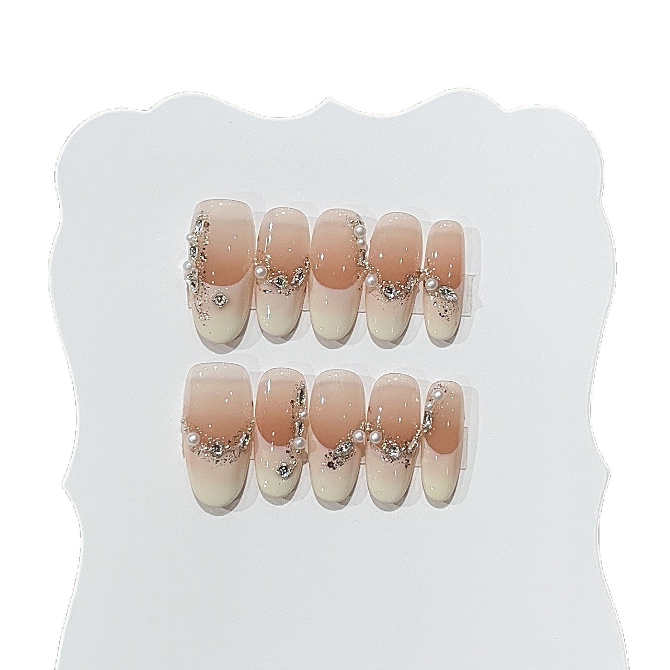 10Pcs Handmade Orange Pink Long Oval Press On Nails French Rhinestone