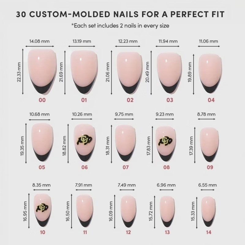 Colorado Buffaloes Press-On Nails: Almond Shape, Gloss Finish, 30 Pieces