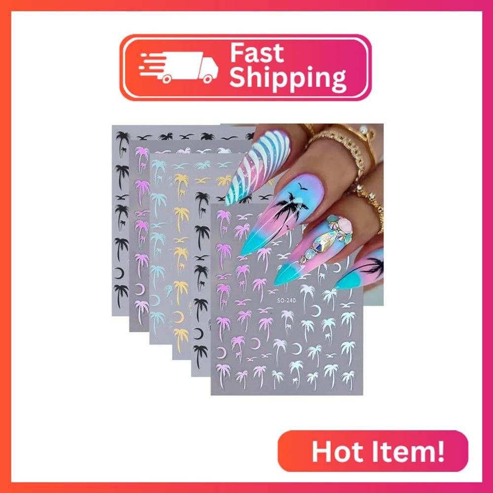 Summer Coconut Tree Nail Art Stickers Decals 3D Palm Tree Nail Stickers 8 PCS La